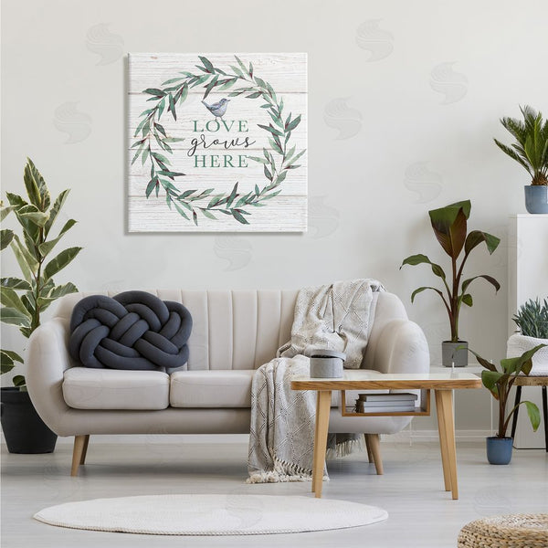 Stupell Industries Elizabeth Tyndall | Love Grows Here Sentiment Green Fern Wreath Blue Warbler Wall Art