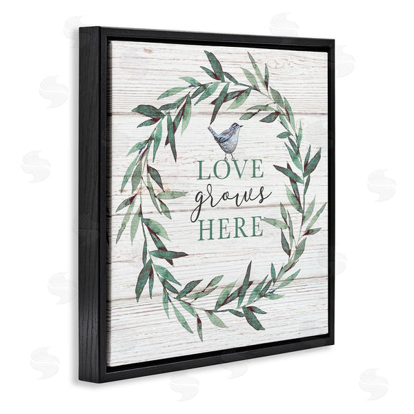 Stupell Industries Elizabeth Tyndall | Love Grows Here Sentiment Green Fern Wreath Blue Warbler Wall Art