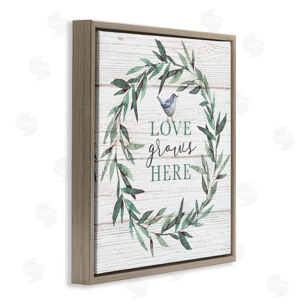 Stupell Industries Elizabeth Tyndall | Love Grows Here Sentiment Green Fern Wreath Blue Warbler Wall Art