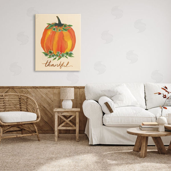 Stupell Industries Heather McLaughlin | Thankful Orange Pumpkin Leaf Botanicals Autumn Plants Wall Art