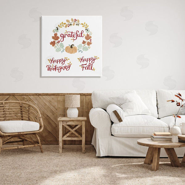 Stupell Industries Heather Strianese | Grateful Seasonal Thanksgiving Holiday Botanical Pumpkin Wreath Wall Art