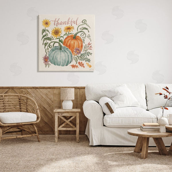 Stupell Industries Janelle Penner | Thankful Text Autumnal Flower Blossoms Pumpkins Design Wall Art
