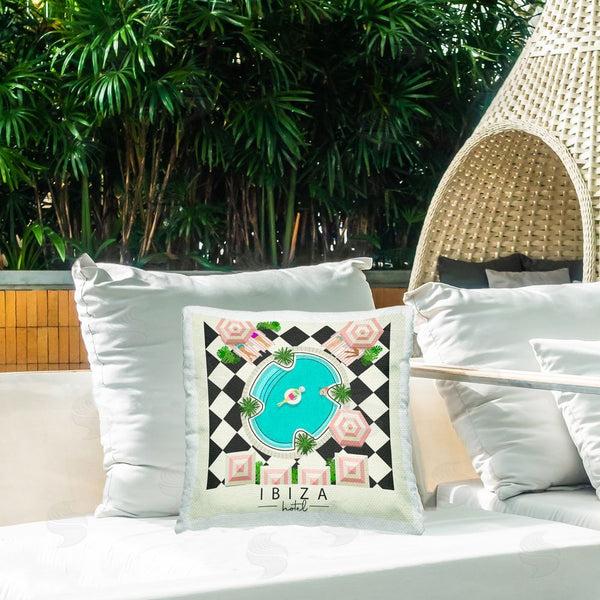 Stupell Industries Jen Bucheli | Ibiza Hotel Vacation Throw Pillow
