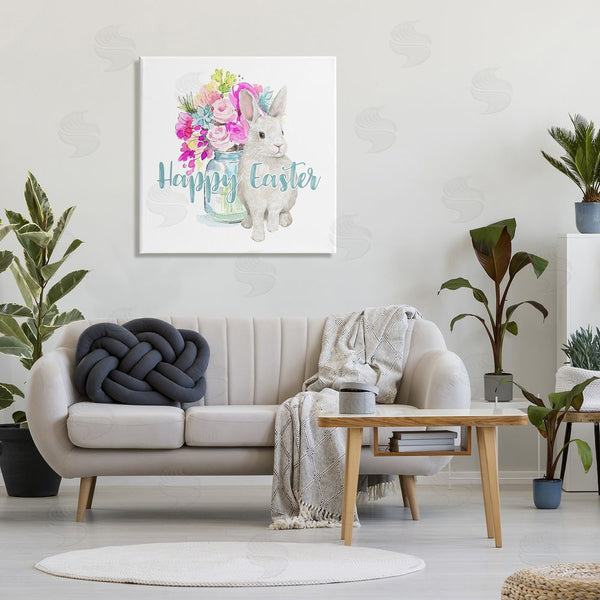 Stupell Industries Jennifer Wambach | Happy Easter Calligraphy Bunny Pink Flower Bouquet Wall Art