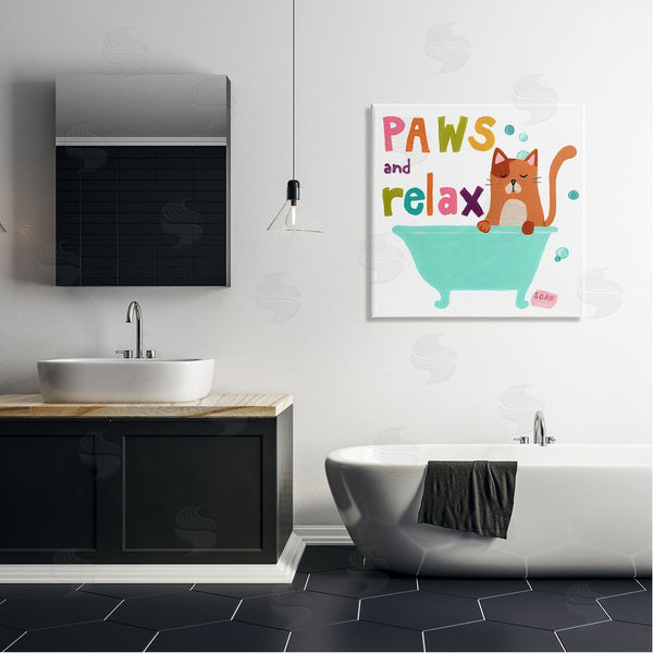 Stupell Industries June Erica Vess | Paws & Relax Cat Bathtub Bathroom Restful Phrase Wall Art