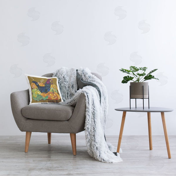Stupell Industries Kay Widdowson | Cat With Jack-o-Lanterns Printed Throw Pillow