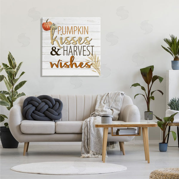 Stupell Industries Kim Allen | Pumpkin Kisses Harvest Wishes Autumn Sentiment Plank Pattern Wall Art