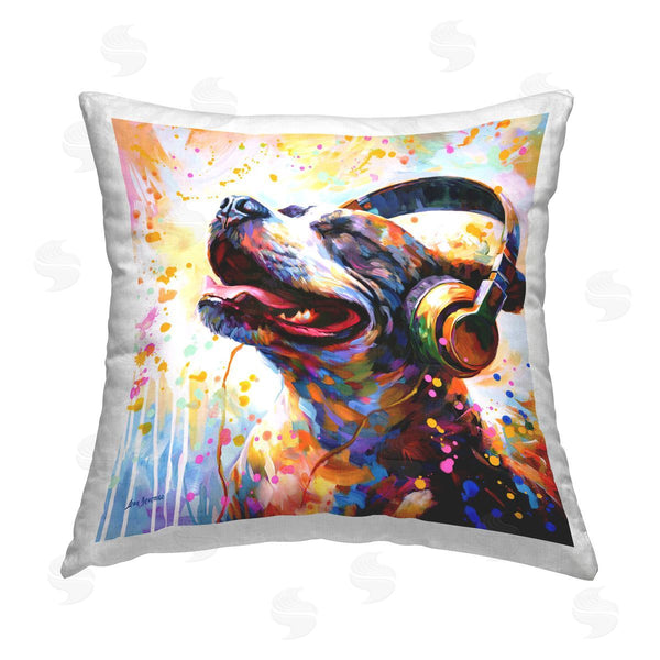 stupell industries Leon Devenice | Happy Dog & Headphones Printed Throw Pillow