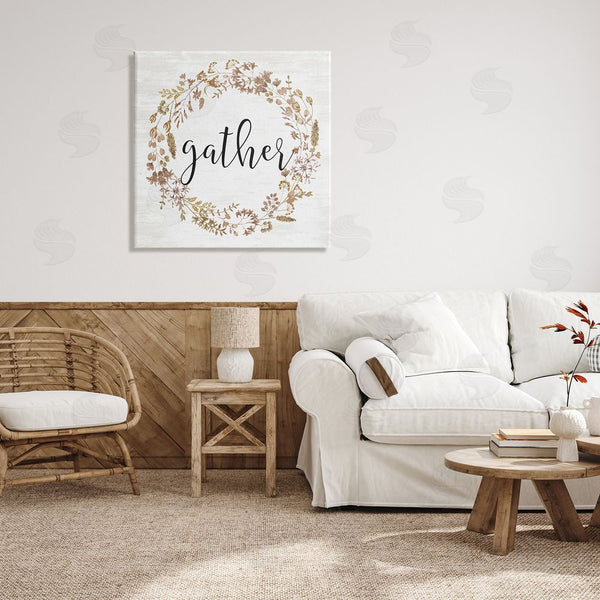 Stupell Industries Lettered And Lined | Rustic Gather Script Delicate Floral Botanicals Wreath Wall Art