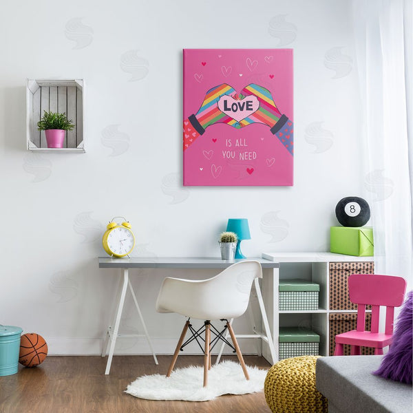 Stupell Industries Lisa Perry Whitebutton | Love Is All Phrase Rainbow Heart Shaped Hand Gesture Wall Art