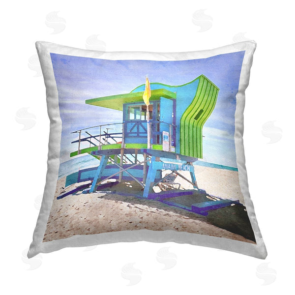 stupell industries LSR Design Studio | Green & Blue Lifeguard Hut Printed Throw Pillow
