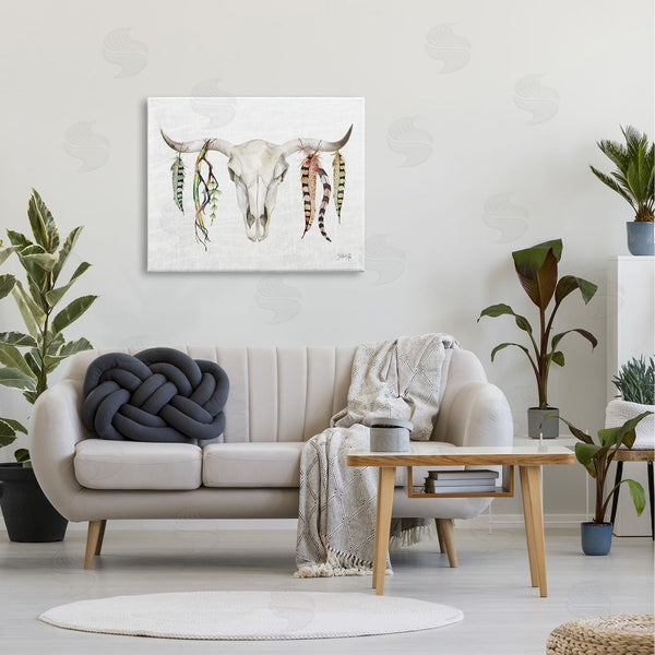 Stupell Industries Marla Rae | Longhorn Animal Skull South Western Cattle Patterned Feathers Wall Art