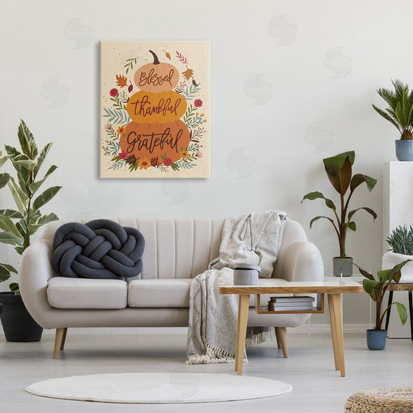 Stupell Industries Nina Seven | Blessed Thankful Grateful Sentiments Stacked Orange Pumpkins Wall Art