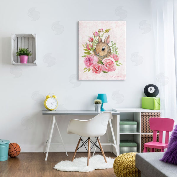 Stupell Industries Sherri Buck Baldwin | Cute Bunny Rabbit Pink Blooming Rose Flowers Wall Art