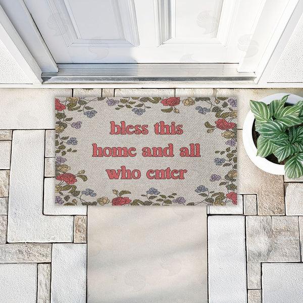 Stupell Industries Stupell Studio | Retro Bless This Home Florals Faux Sisal Door Mat