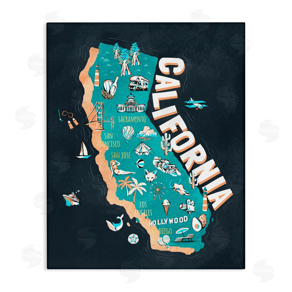 stupell industries Ziwei Li | California Golden State Touristic Iconographic Landmarks Map Wall Art