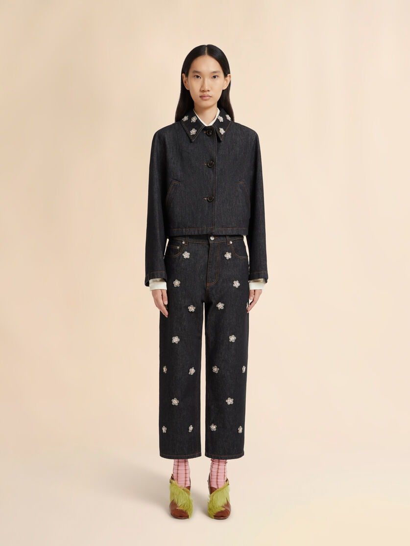Stutterheim X Marni Black Denim Jacket With Daisy Appliqués