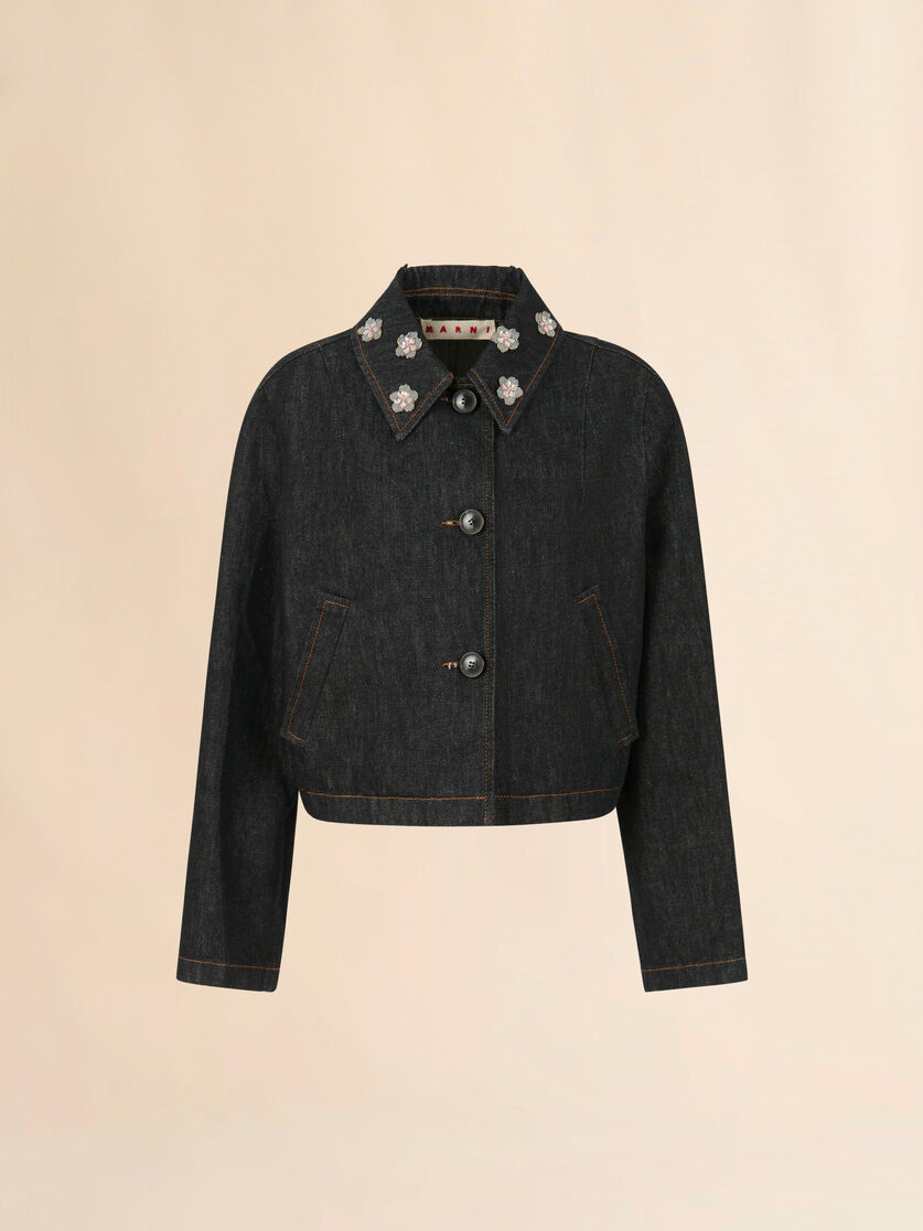 stutterheim x marni Black denim jacket with daisy appliqués