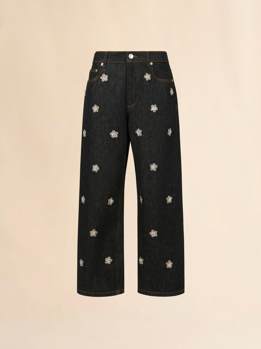 stutterheim x marni Black denim jeans with daisy appliqués