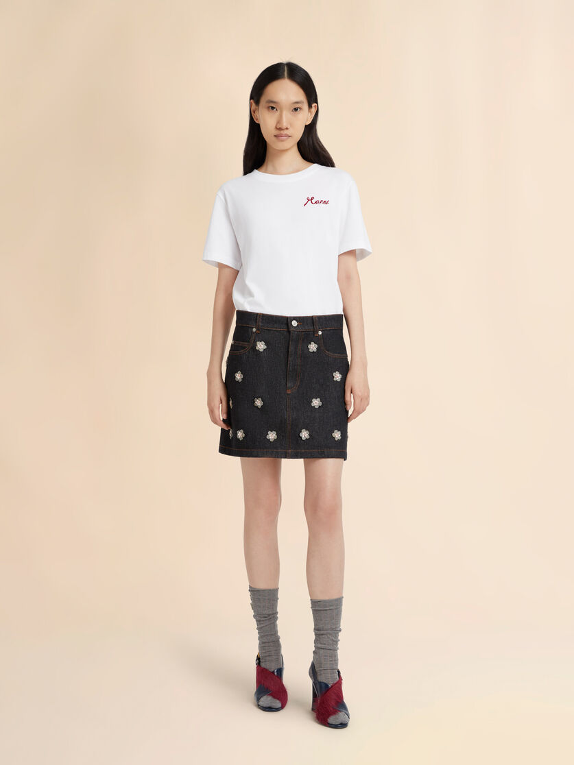 Stutterheim X Marni Black Denim Skirt With Daisy Appliqués