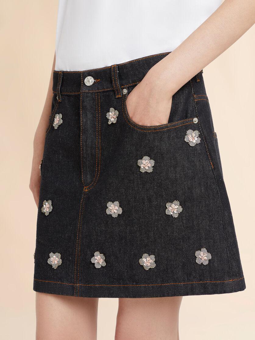 Stutterheim X Marni Black Denim Skirt With Daisy Appliqués