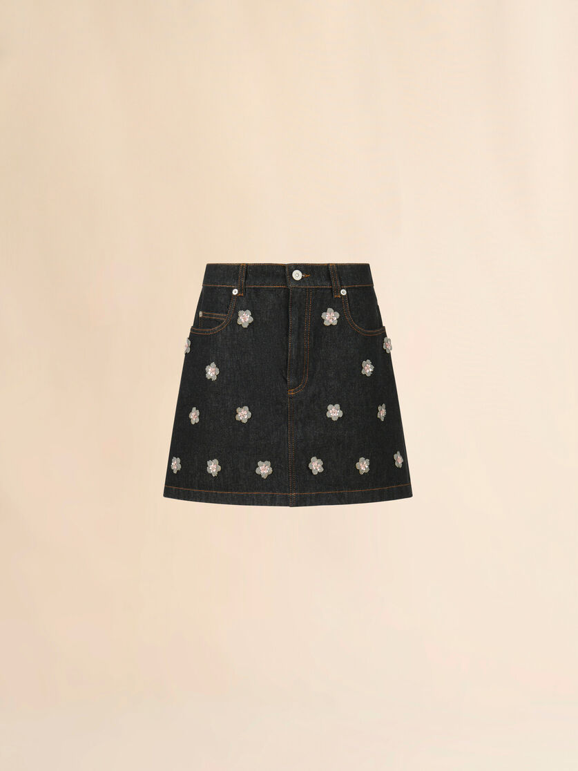 stutterheim x marni Black denim skirt with daisy appliqués