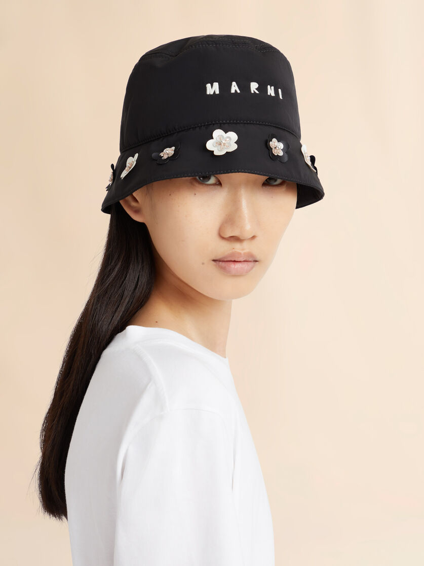 Stutterheim X Marni Black Taffeta Bucket Hat With Daisy Appliqués