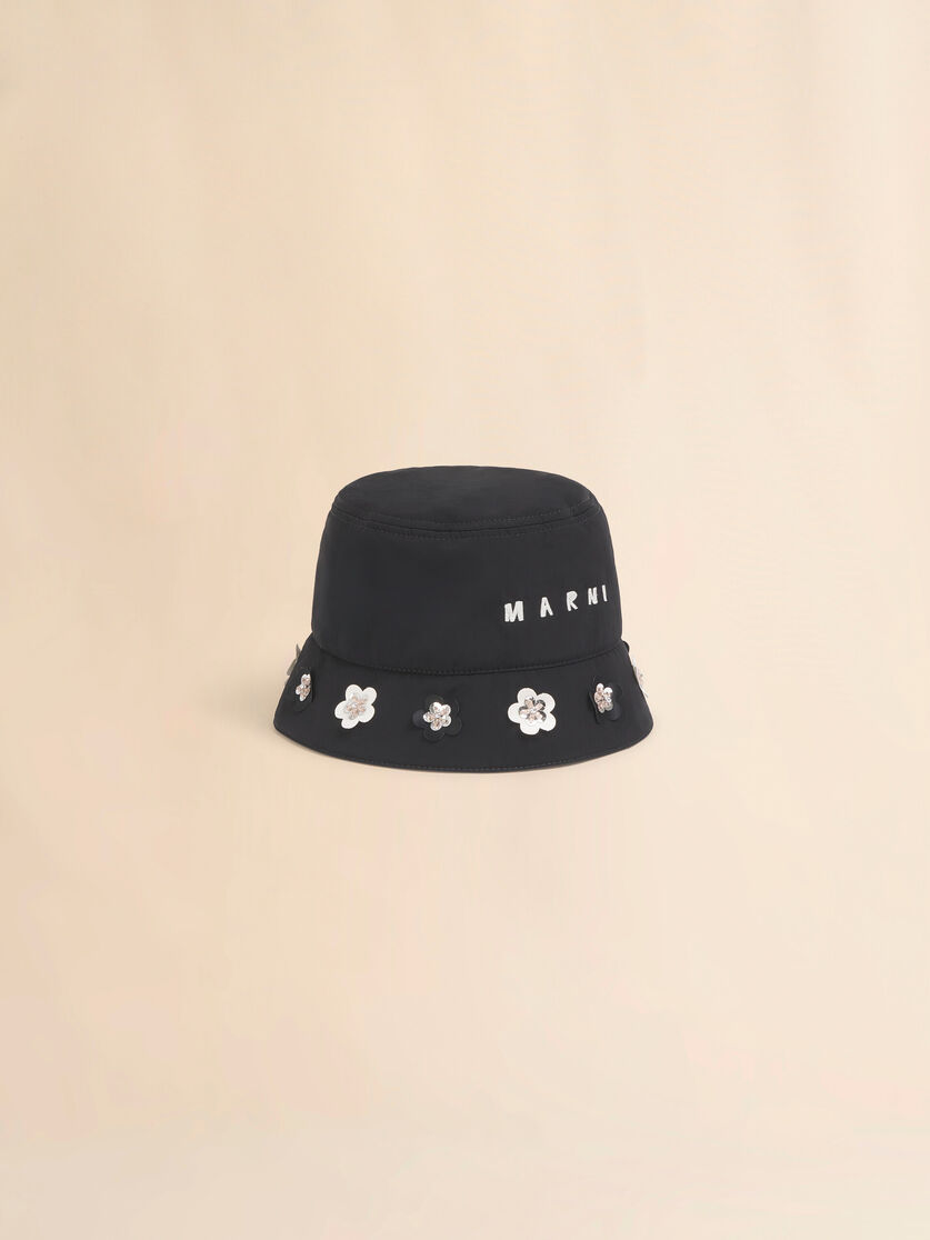 stutterheim x marni Black taffeta bucket hat with daisy appliqués