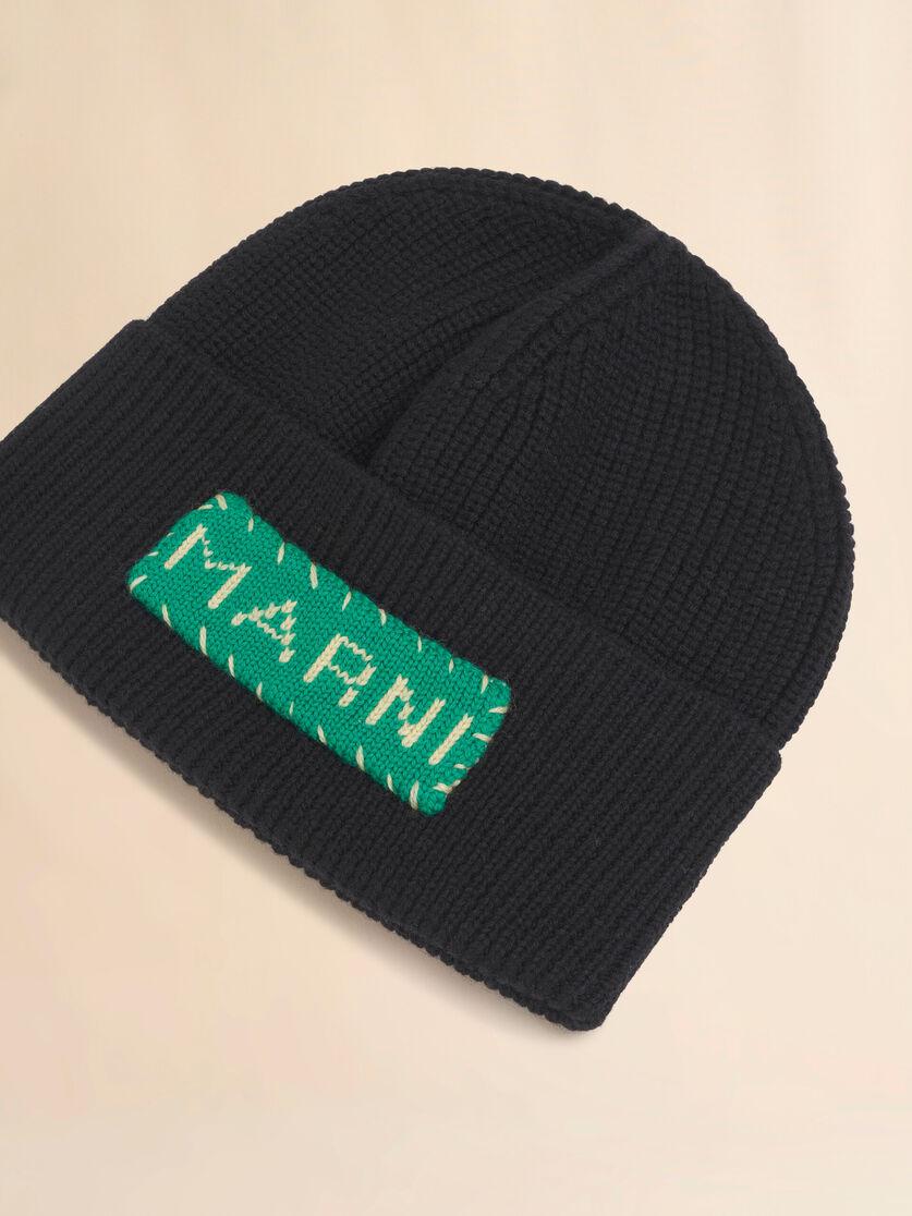Stutterheim X Marni Black Wool Fisherman's Rib Beanie With Marni Patch