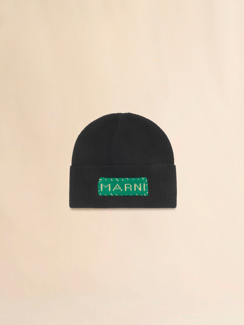 stutterheim x marni Black wool fisherman's rib beanie with Marni patch