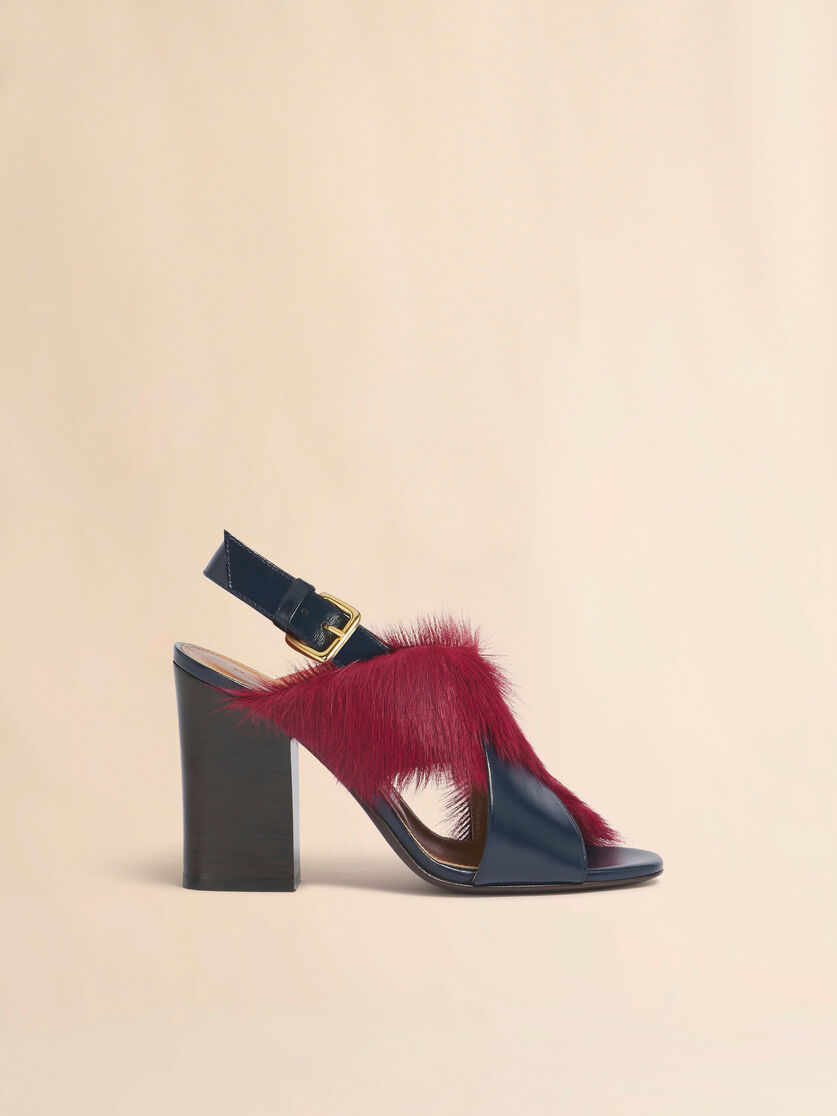 stutterheim x marni Blue and burgundy leather and long-hair heeled criss-cross sandal