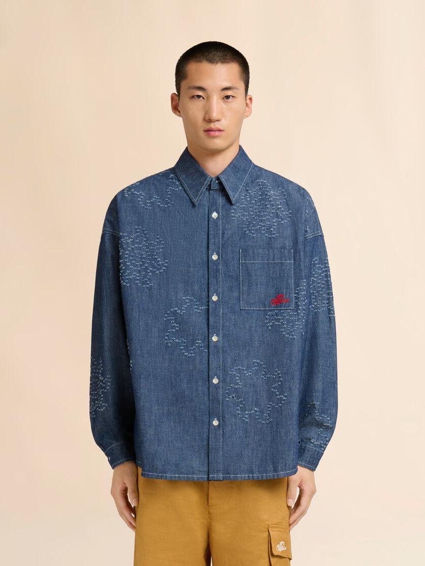 Stutterheim X Marni Blue Chambray Oversized Shirt With Frayed Sun Motif