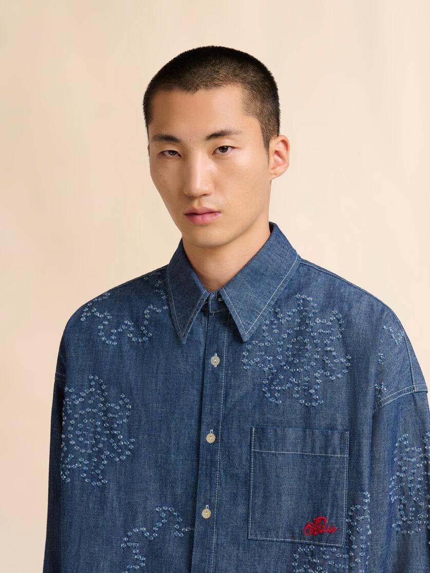 Stutterheim X Marni Blue Chambray Oversized Shirt With Frayed Sun Motif