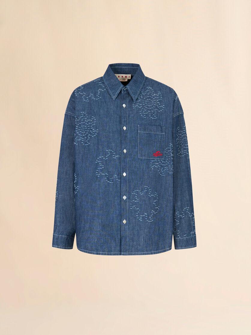 stutterheim x marni Blue chambray oversized shirt with frayed sun motif