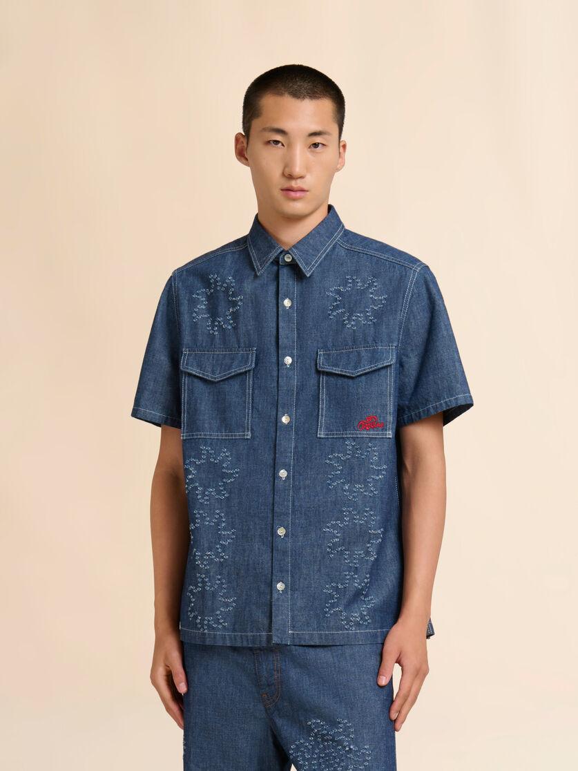 Stutterheim X Marni Blue Chambray Short-sleeved Shirt With Frayed Sun Motif
