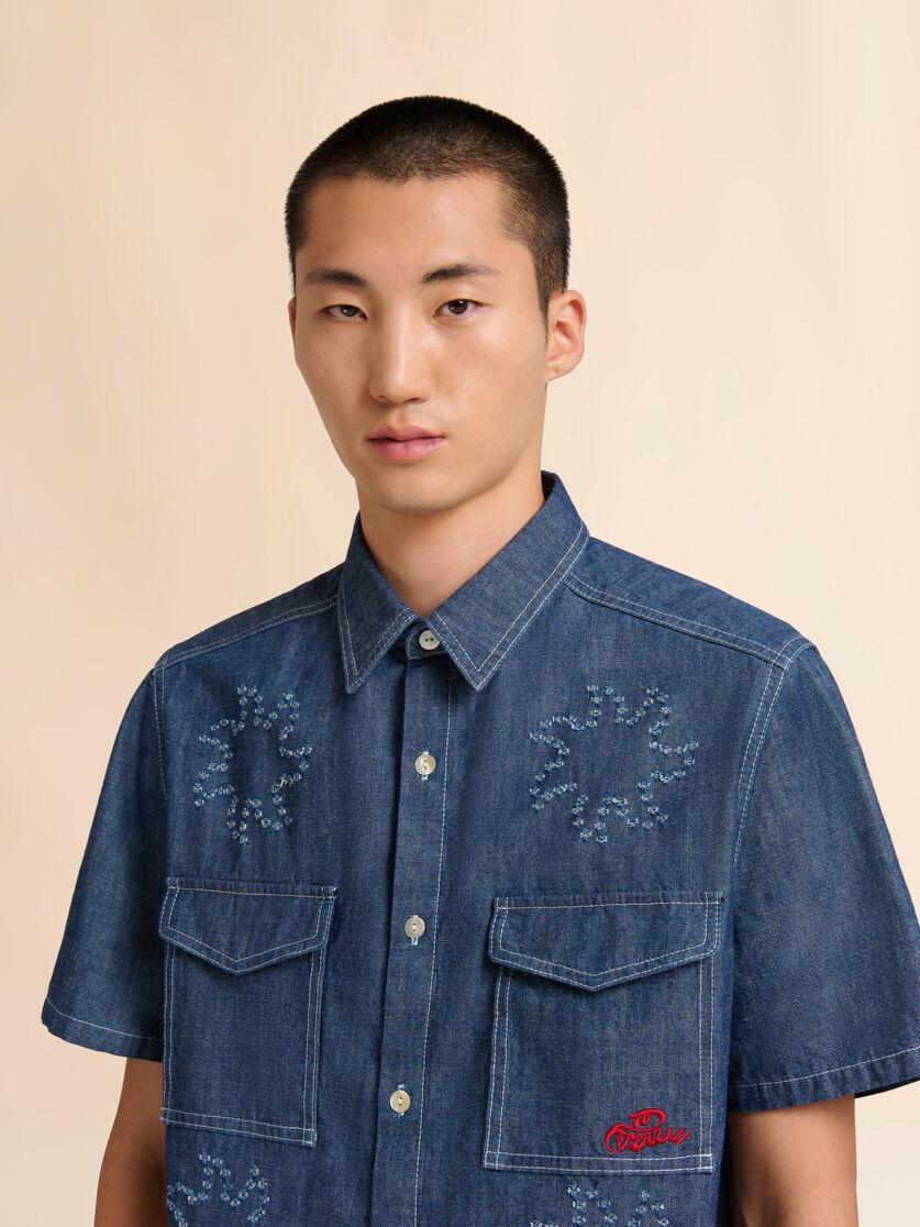 Stutterheim X Marni Blue Chambray Short-sleeved Shirt With Frayed Sun Motif