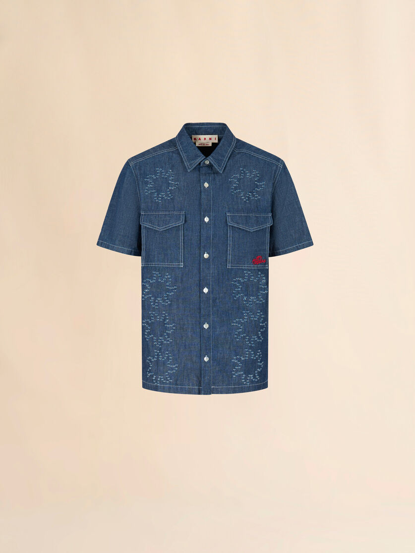 stutterheim x marni Blue chambray short-sleeved shirt with frayed sun motif