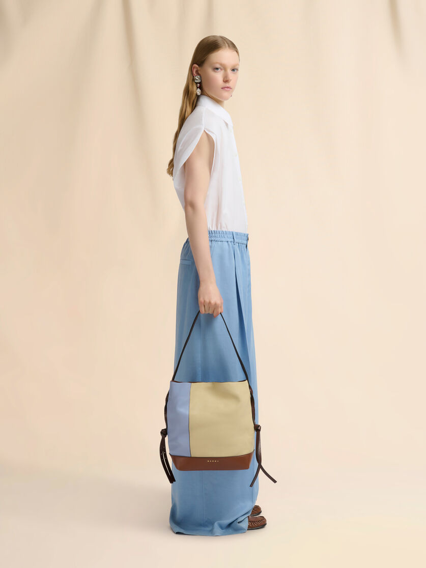 Stutterheim X Marni Blue Cream And Brown Leather Pod 2.0 Small Hobo Bag