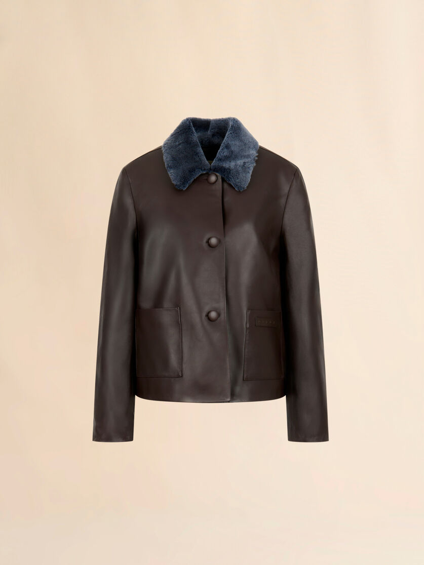 stutterheim x marni Brown nappa leather baby jacket with shearling trims
