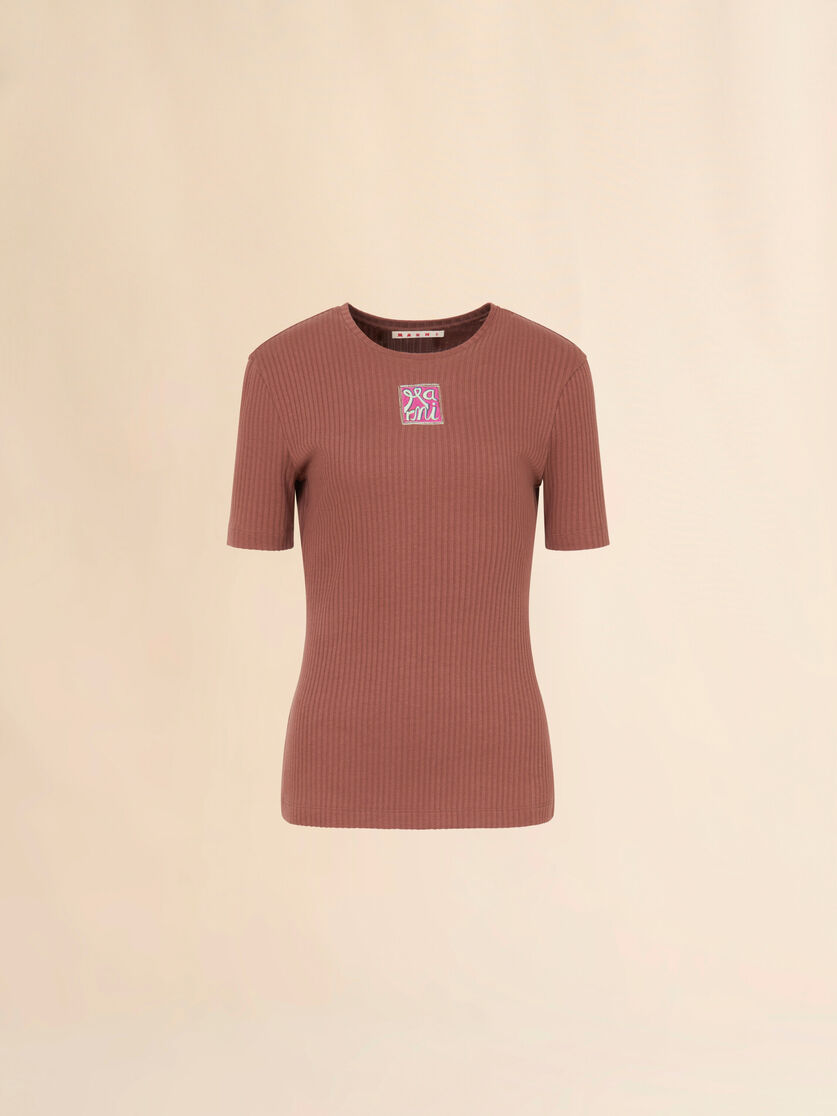 stutterheim x marni Brown ribbed cotton T-shirt with Marni Frame logo