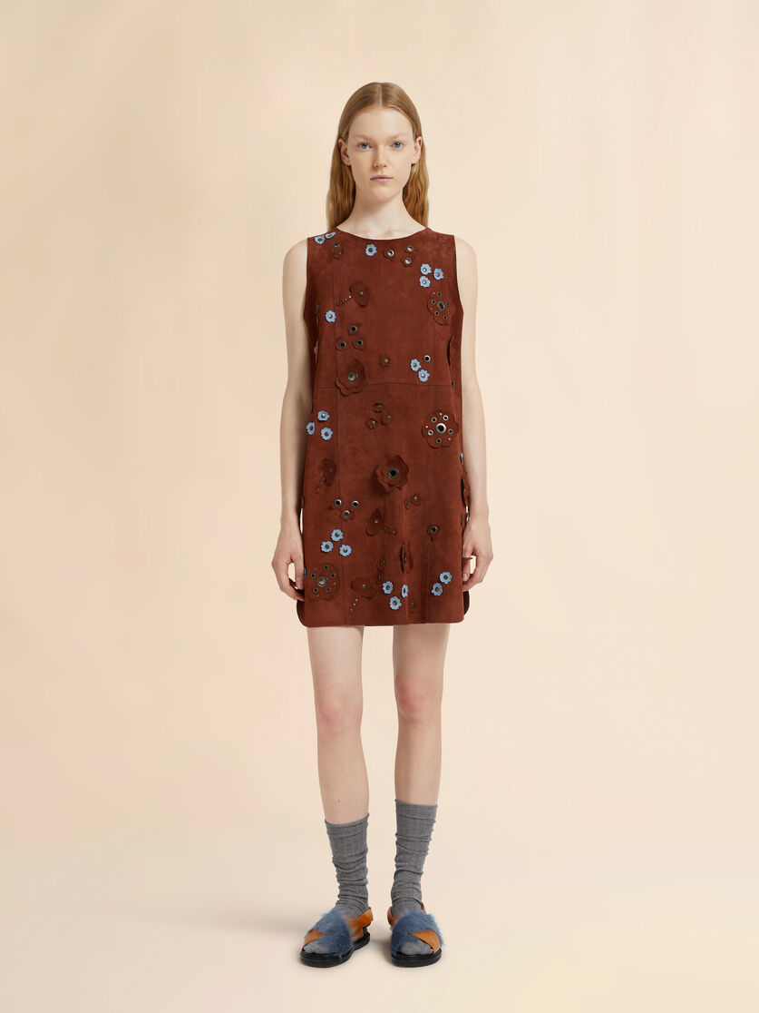 Stutterheim X Marni Brown Suede Dress With Daisy Appliqués