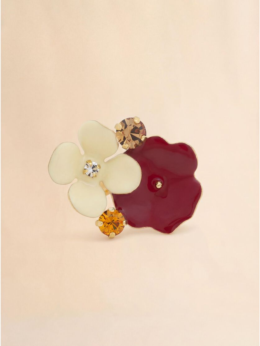 Stutterheim X Marni Cream And Burgundy Enamel Flower Ring With Rhinestones