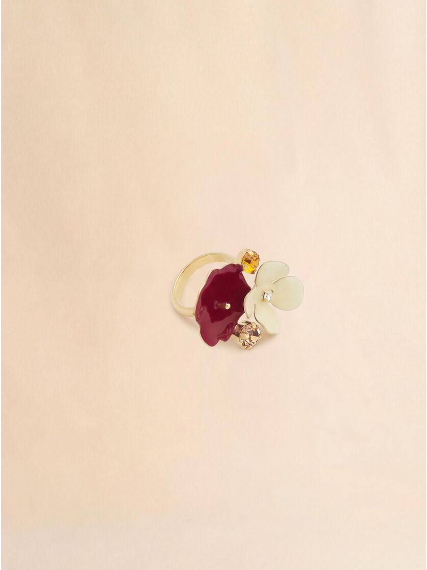 stutterheim x marni Cream and burgundy enamel flower ring with rhinestones