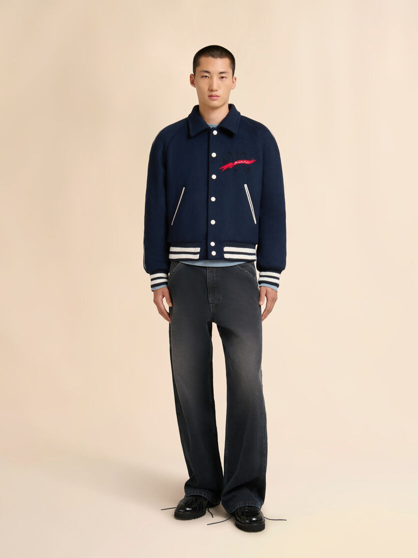 Stutterheim X Marni Deep Blue Felt Bomber Jacket With Embroidered Marni Flag Patch