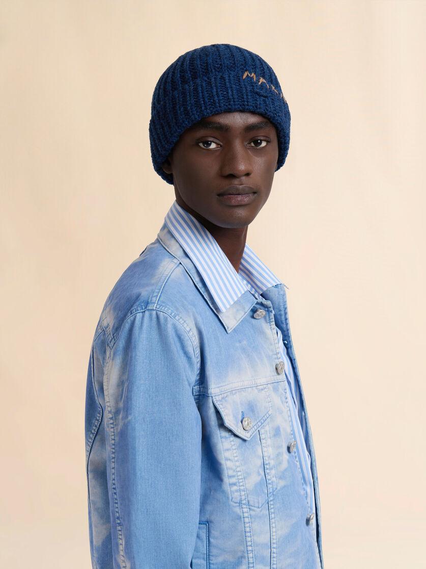 Stutterheim X Marni Deep Blue Ribbed Beanie With Hand-stitched Logo