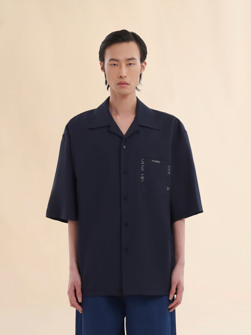 Stutterheim X Marni Deep Blue Tropical Wool Bowling Shirt With Marni Mending
