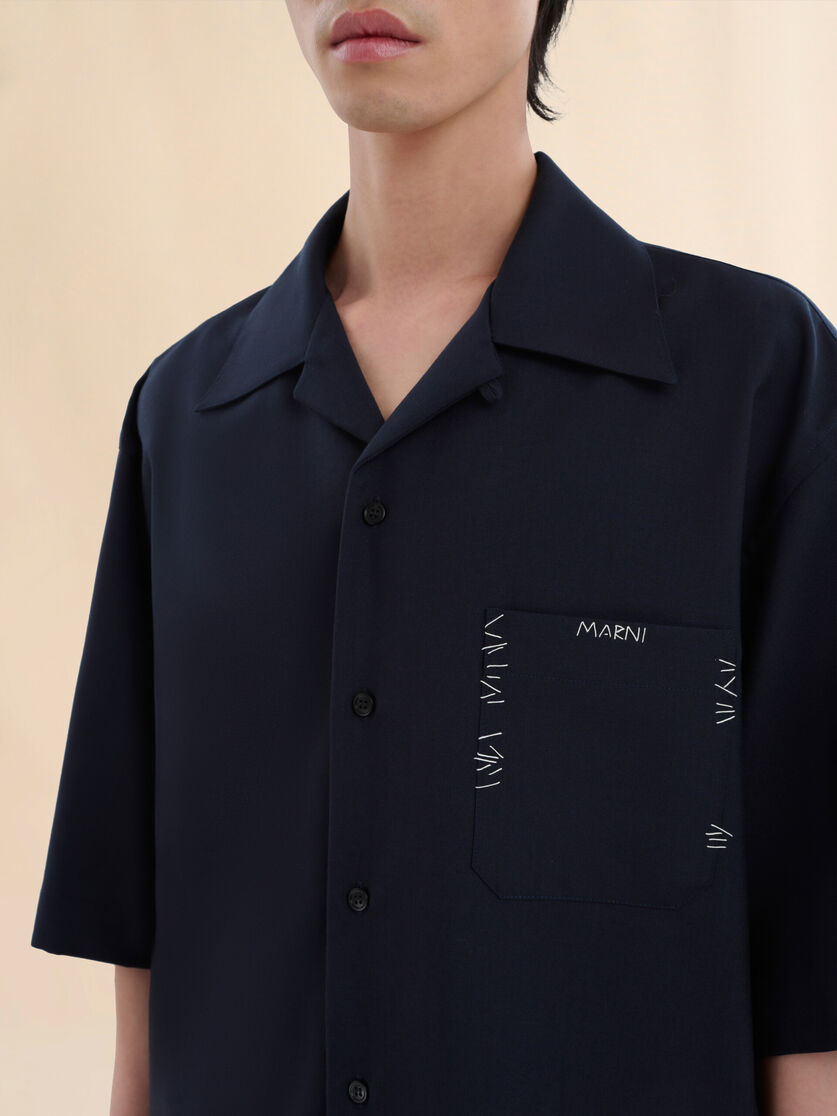 Stutterheim X Marni Deep Blue Tropical Wool Bowling Shirt With Marni Mending