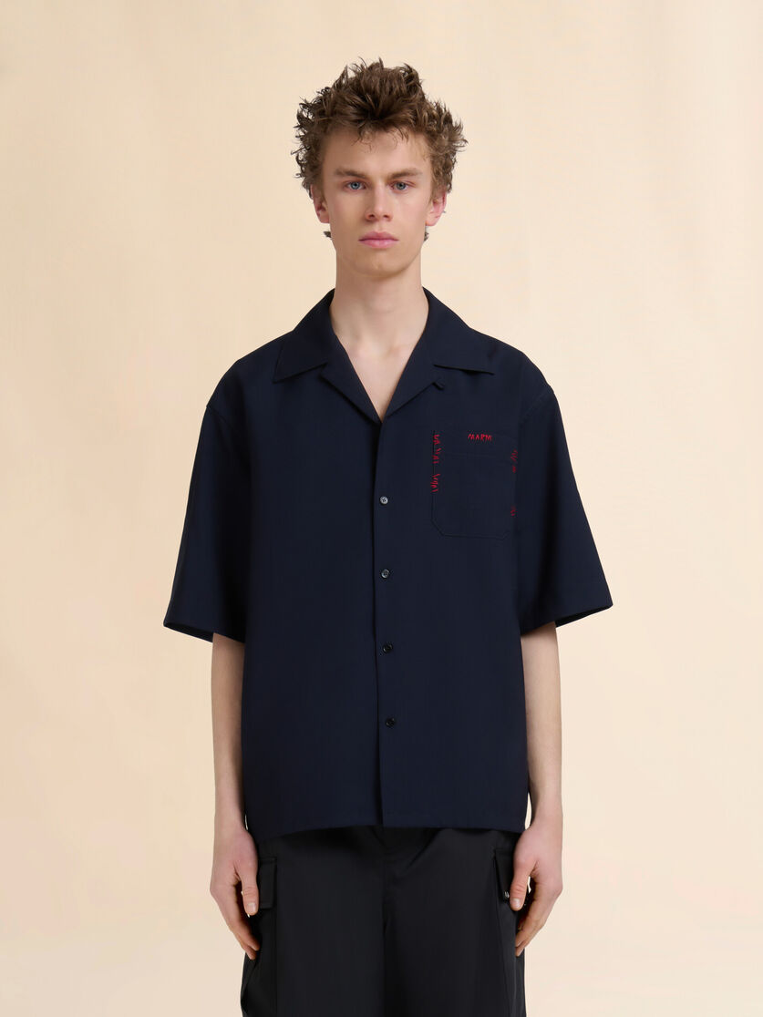 Stutterheim X Marni Deep Blue Tropical Wool Bowling Shirt With Marni Mending