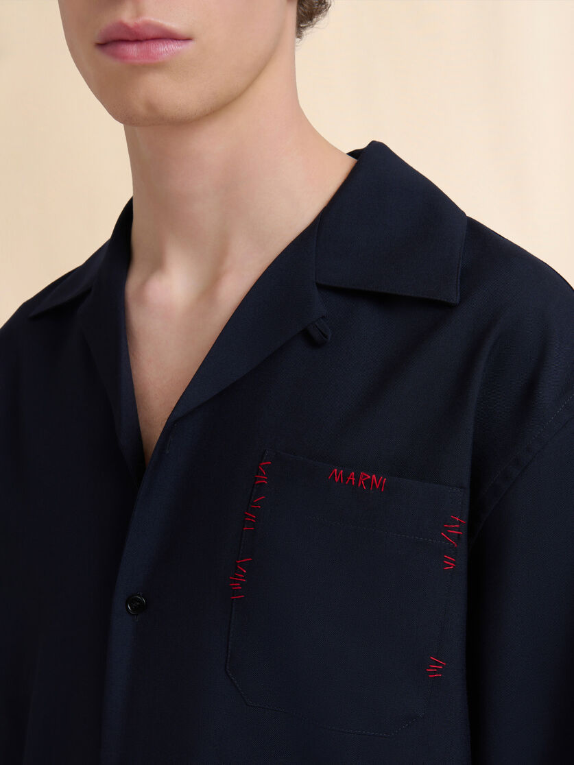 Stutterheim X Marni Deep Blue Tropical Wool Bowling Shirt With Marni Mending