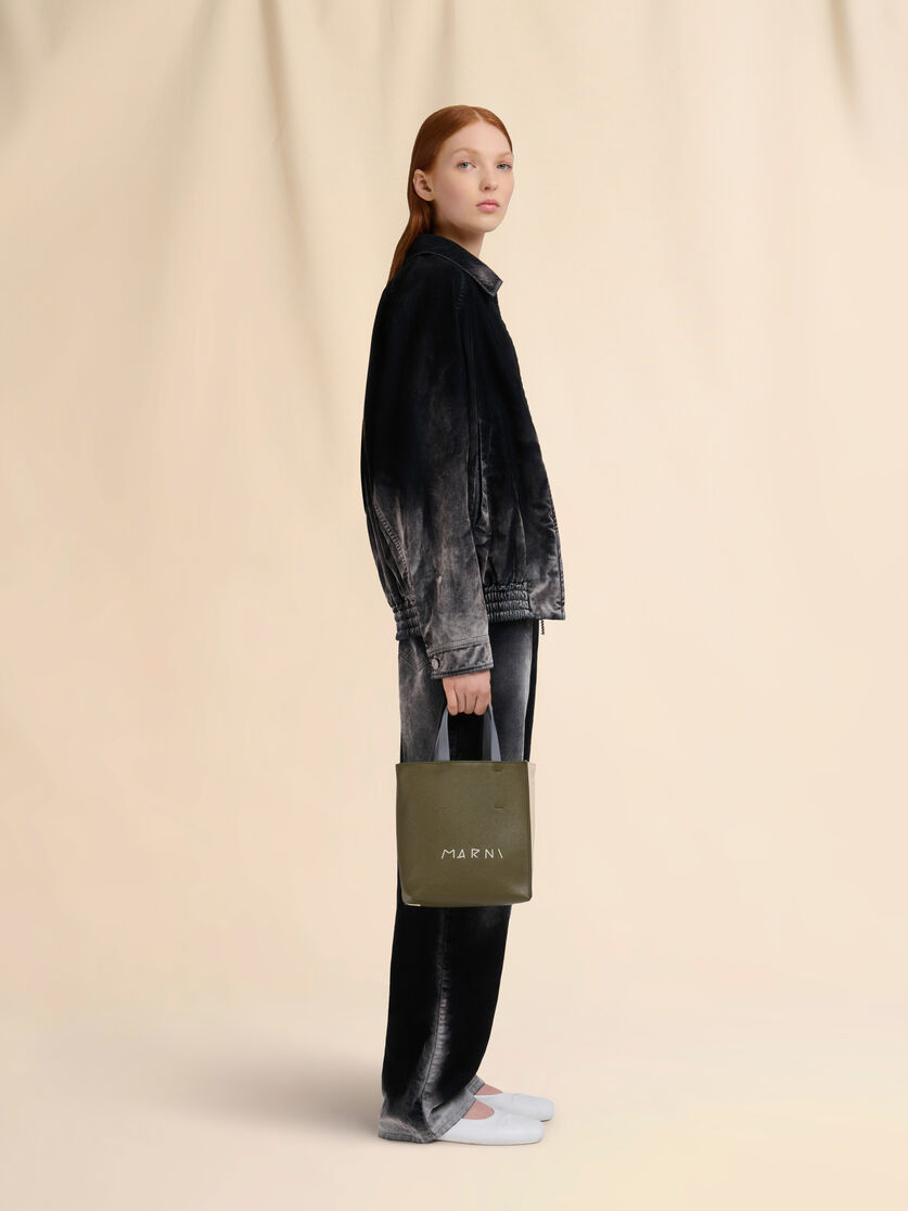 Stutterheim X Marni Deep Green Cream And Blue Leather Museo Mini Bag With Marni Mending Embroidery